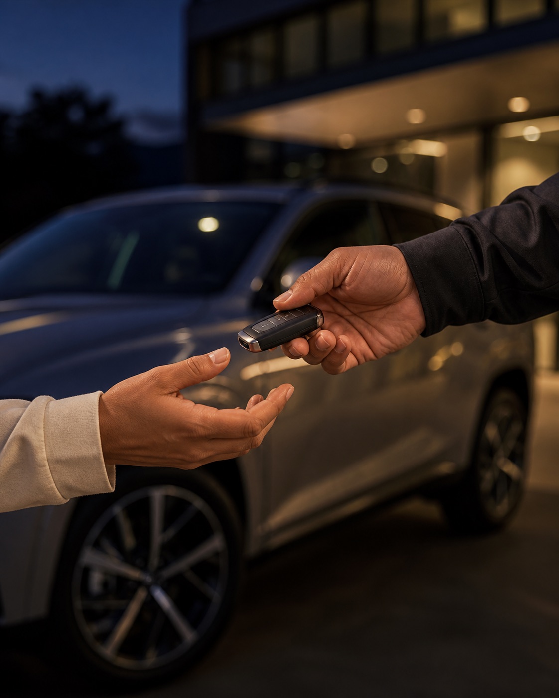 A car key being handed to a buyer beside a vehicle